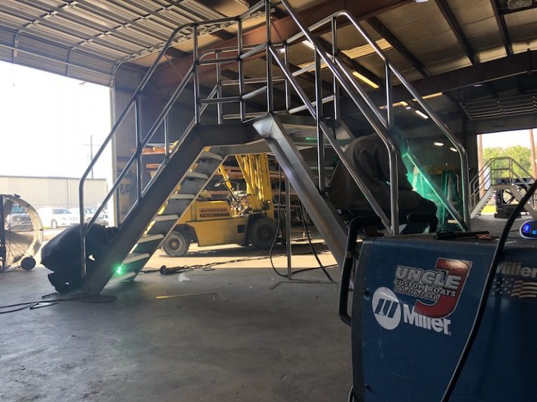 Aluminum stairs and platform being welded in the shop