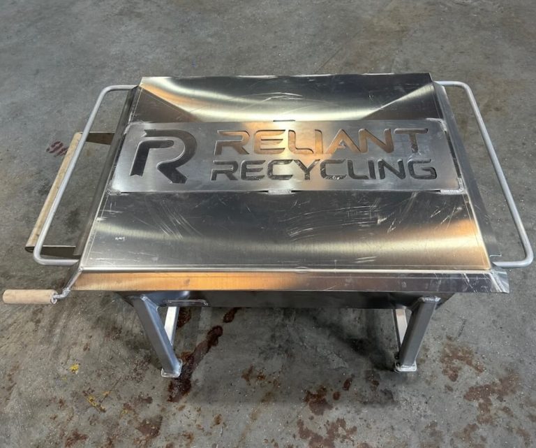 Aluminum table cart with a cut-out Reliant Recycling logo on the lid