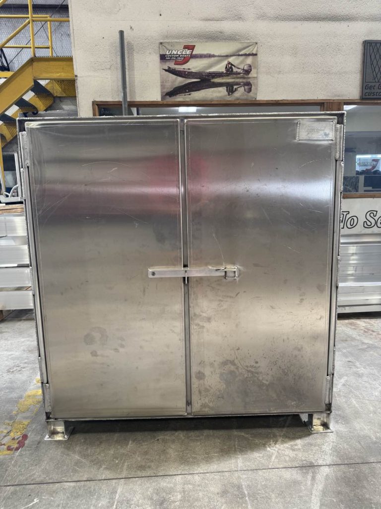 Aluminum storage cabinet with double doors, closed