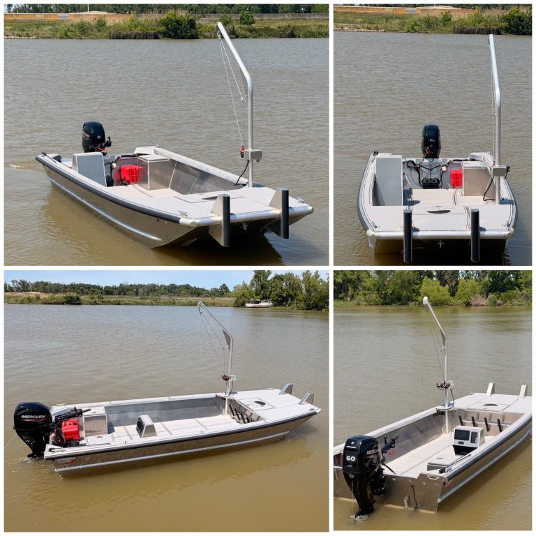 Four views of a bare aluminum workboat with a davit pole and a Mercury outboard