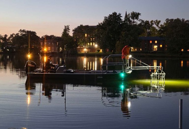 Uncle J electro-fishing boat working at dusk with its electrode array lit