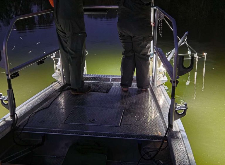 Bow work deck with railings, insulated booms and electrode arrays on an Uncle J electro-fishing boat